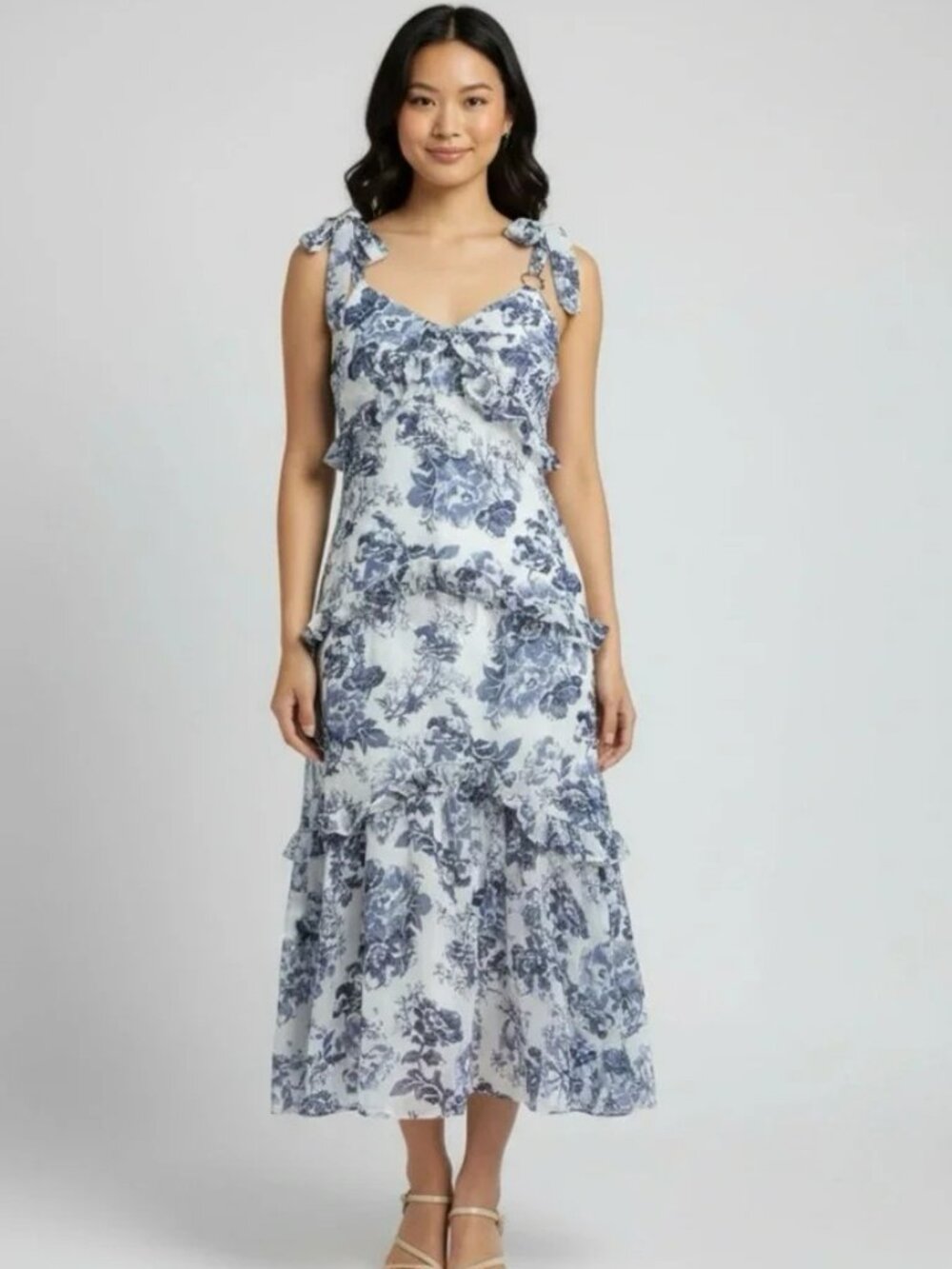 NWT O.P.T. White and Blue Floral Ruffle Midi Dress M